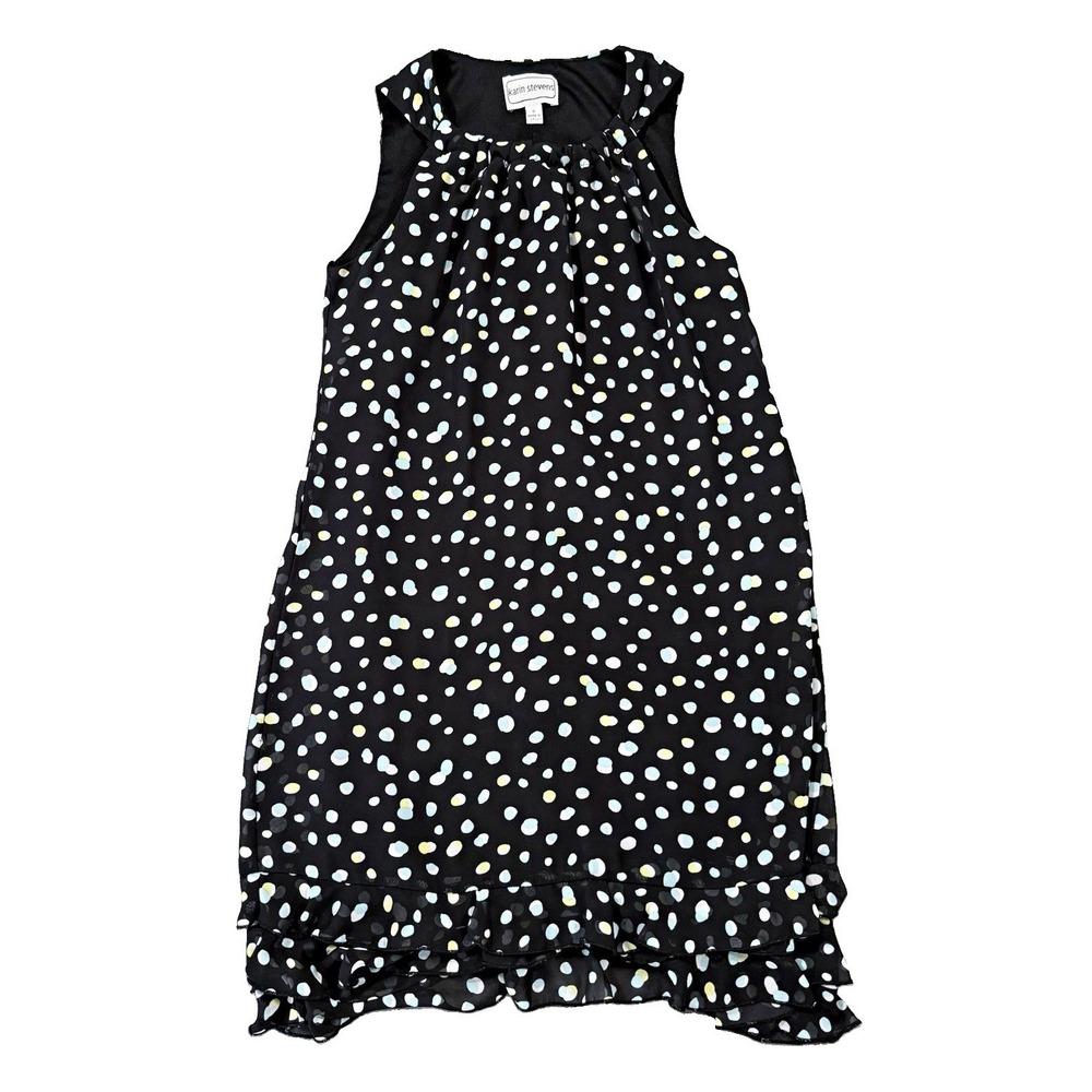 Karin Stevens Chiffon Polka Dot Dress Sz 6 Black Sleeveless Ruffle Hem Halter